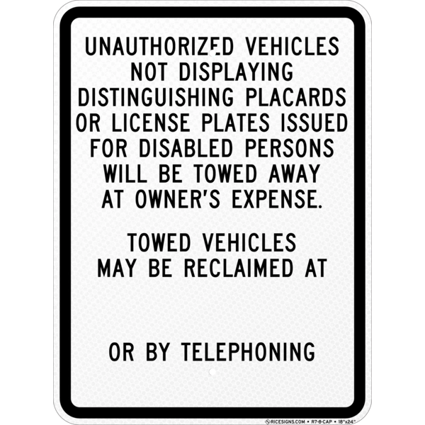 Unauthorized Vehicles Not Displaying Distinguishing Placards Sign