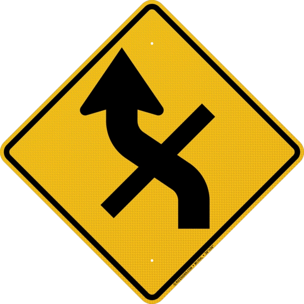 Left Reverse Curve With Side Road Style E Sign