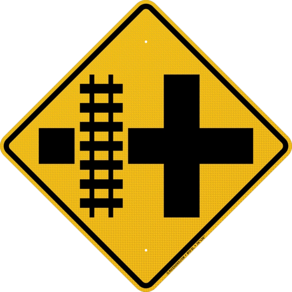 Cross Road With Railroad Tracks Left Sign