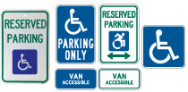 Reserved handicap parking and accessible parking signs.