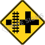 Cross Road With Railroad Tracks Left Sign